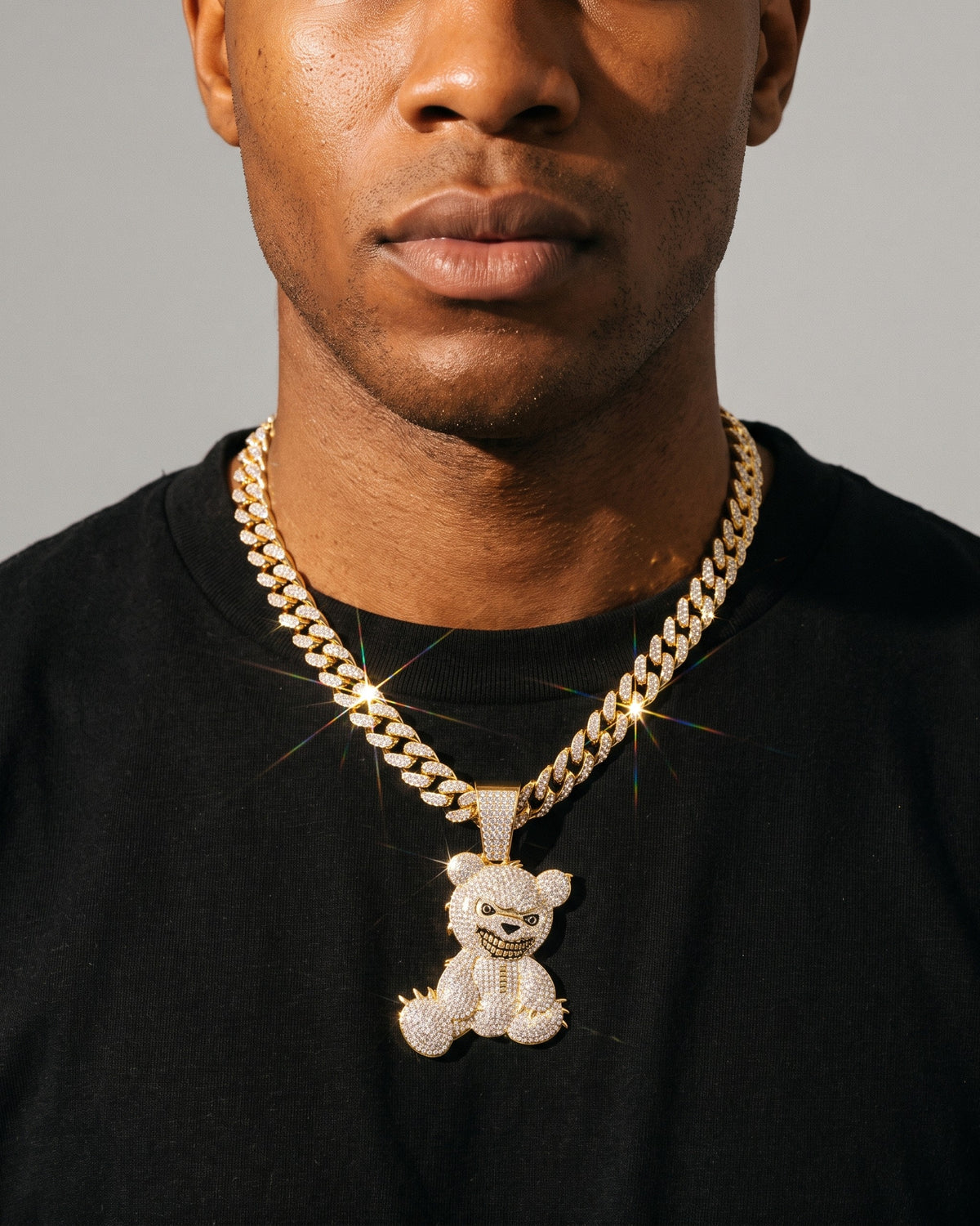 Bear Pendant Cuban Chain Gold worn