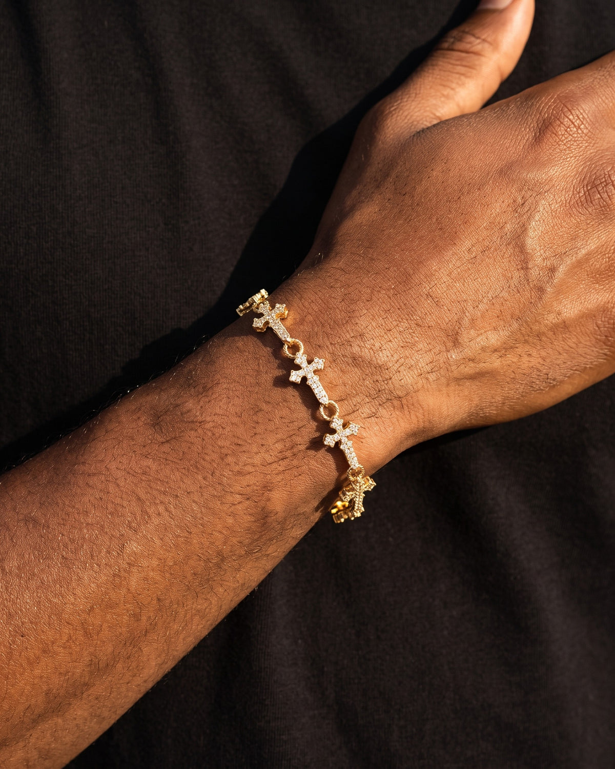 Iced Cross Link Bracelet 11mm Gold worn