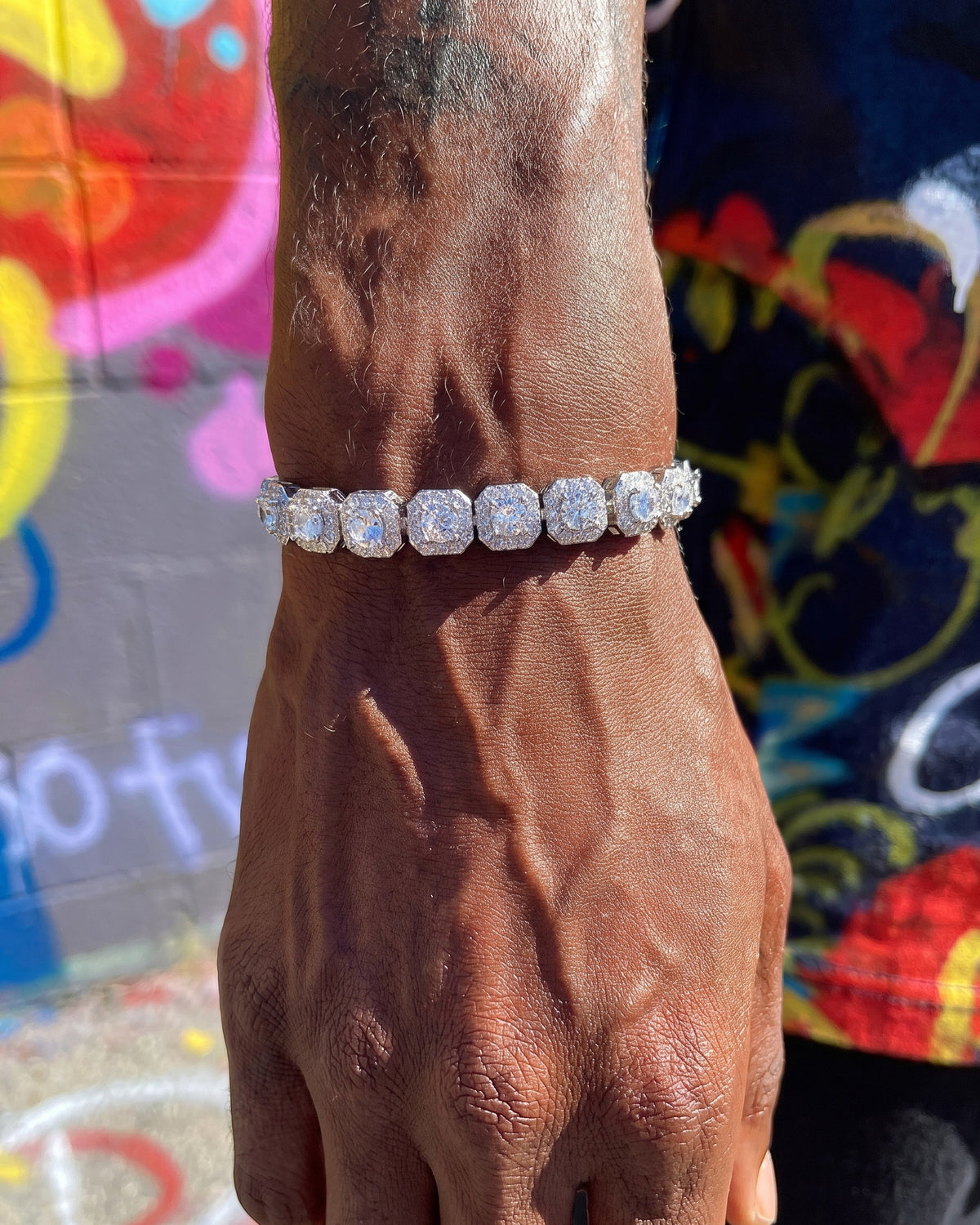 Iced Square Tennis Bracelet White on wrist