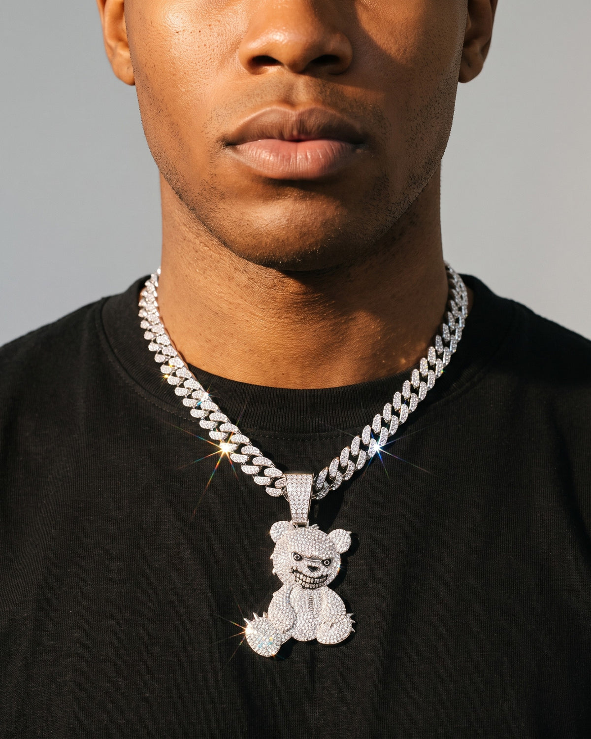 Bear Pendant Cuban Chain White worn
