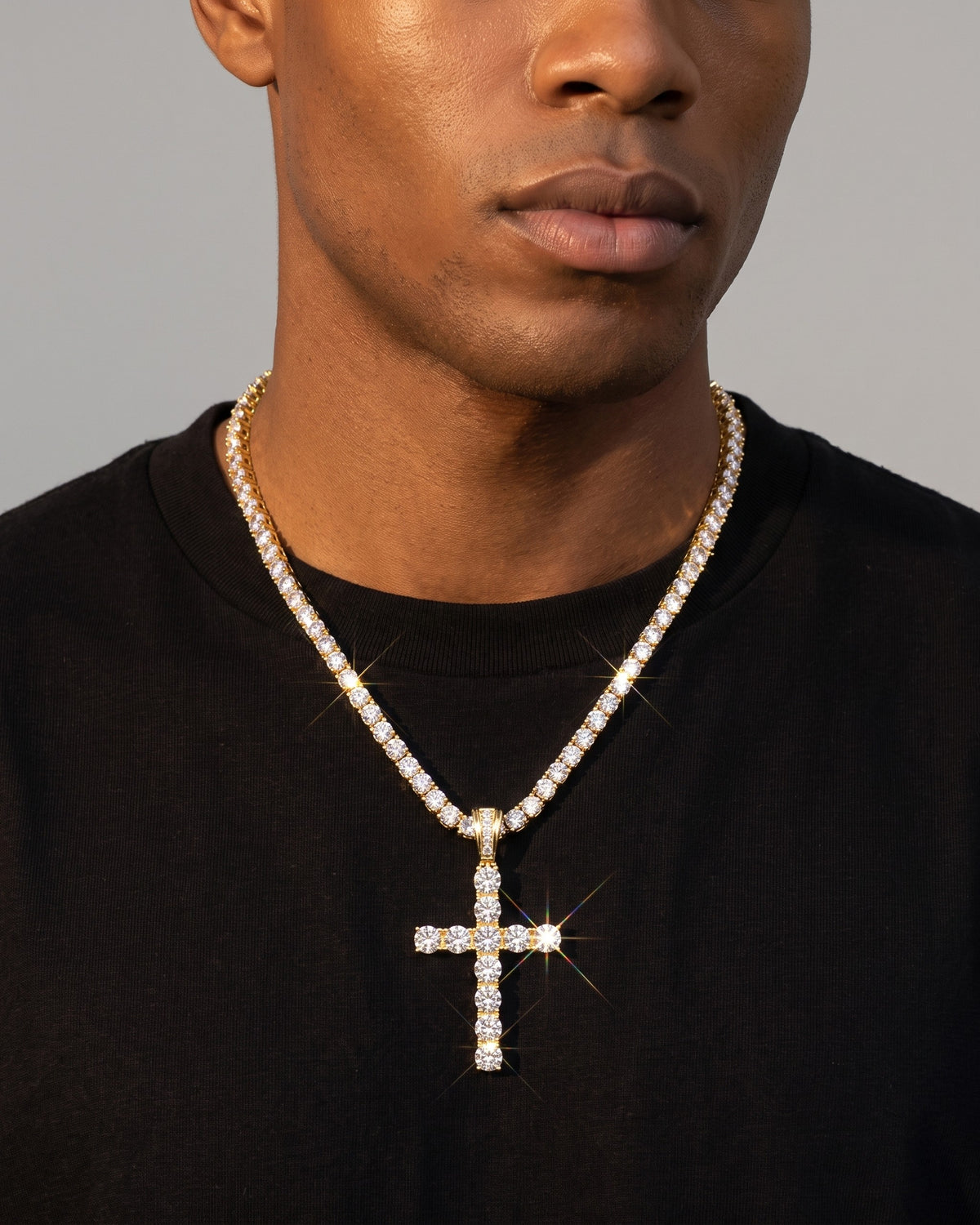 Cross Pendant Tennis Chain Gold worn