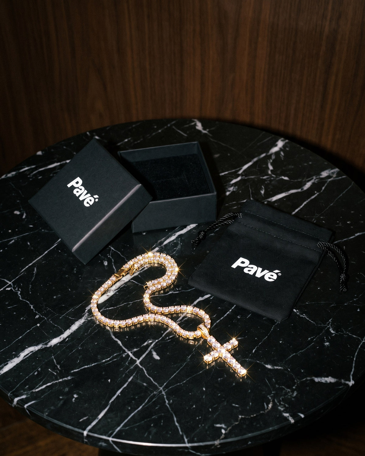 Cross Pendant Tennis Chain Gold packaging