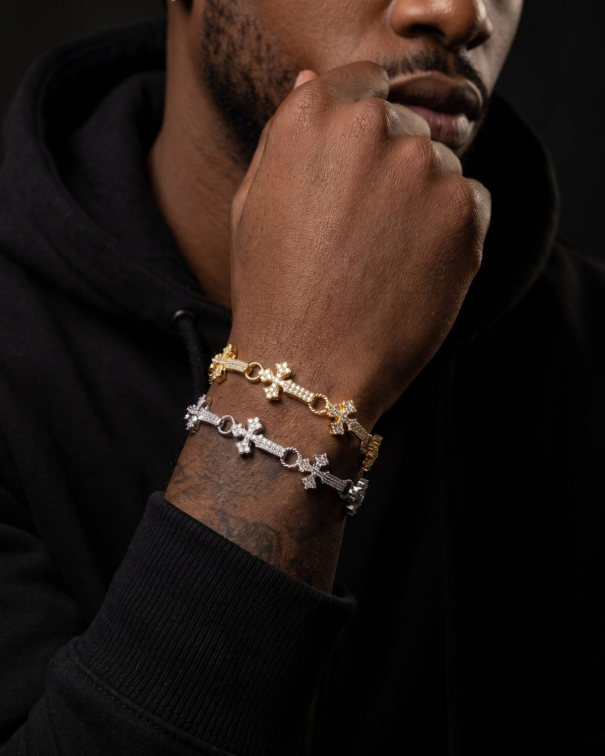 Iced Cross Link Bracelet 11mm Gold stack