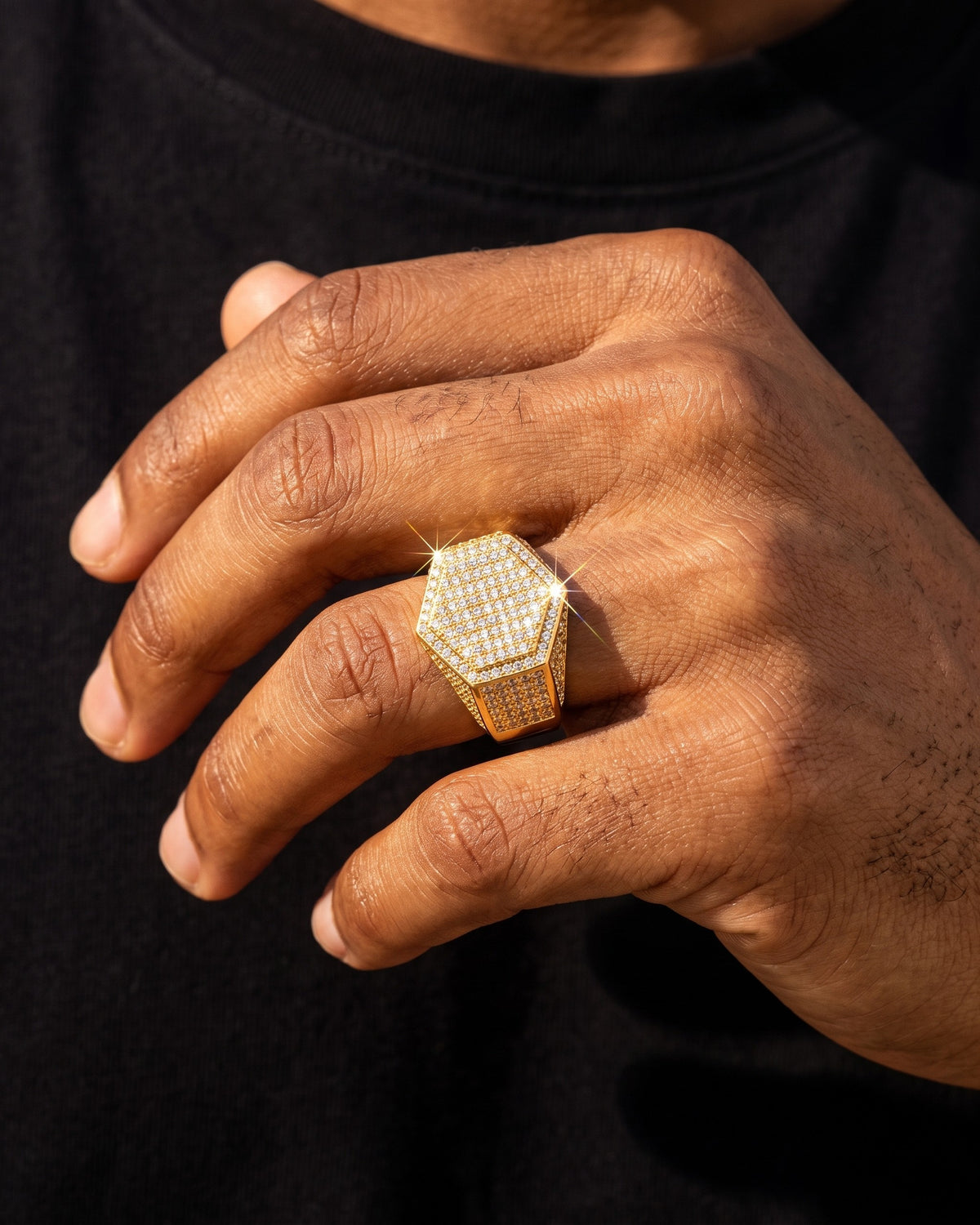 Iced Hex Ring Gold worn