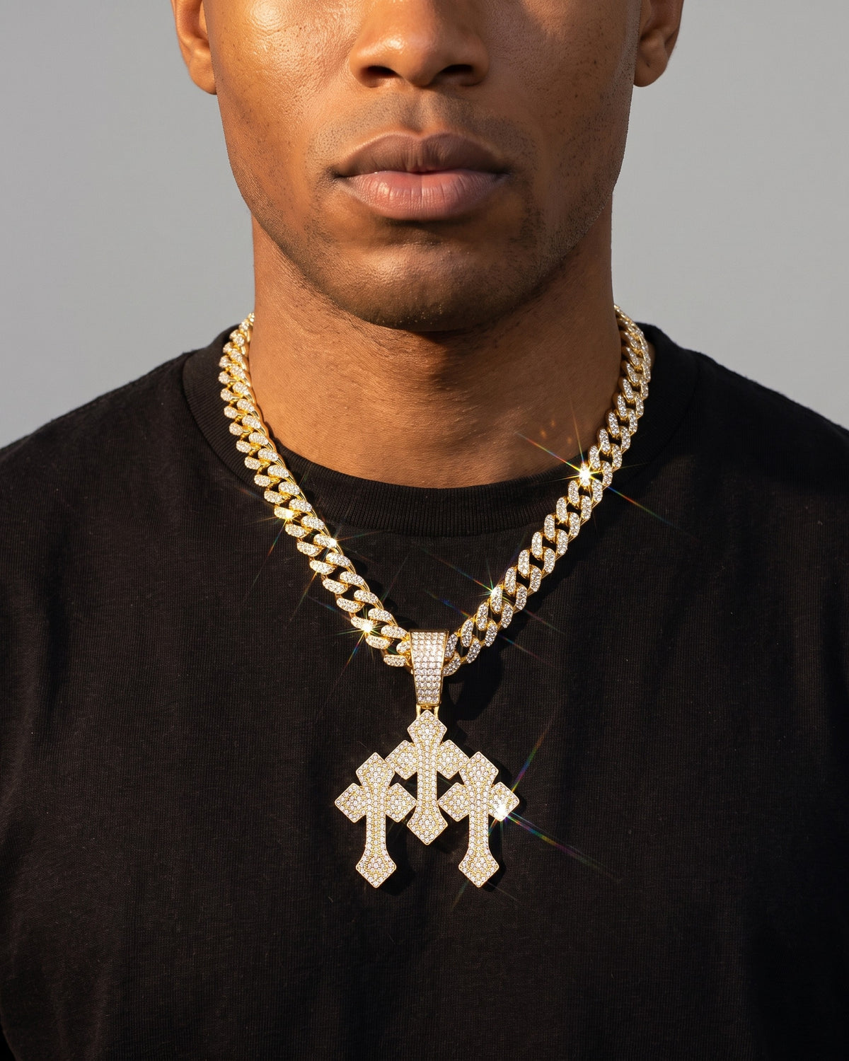 Stacked Cross Cuban Chain Gold worn