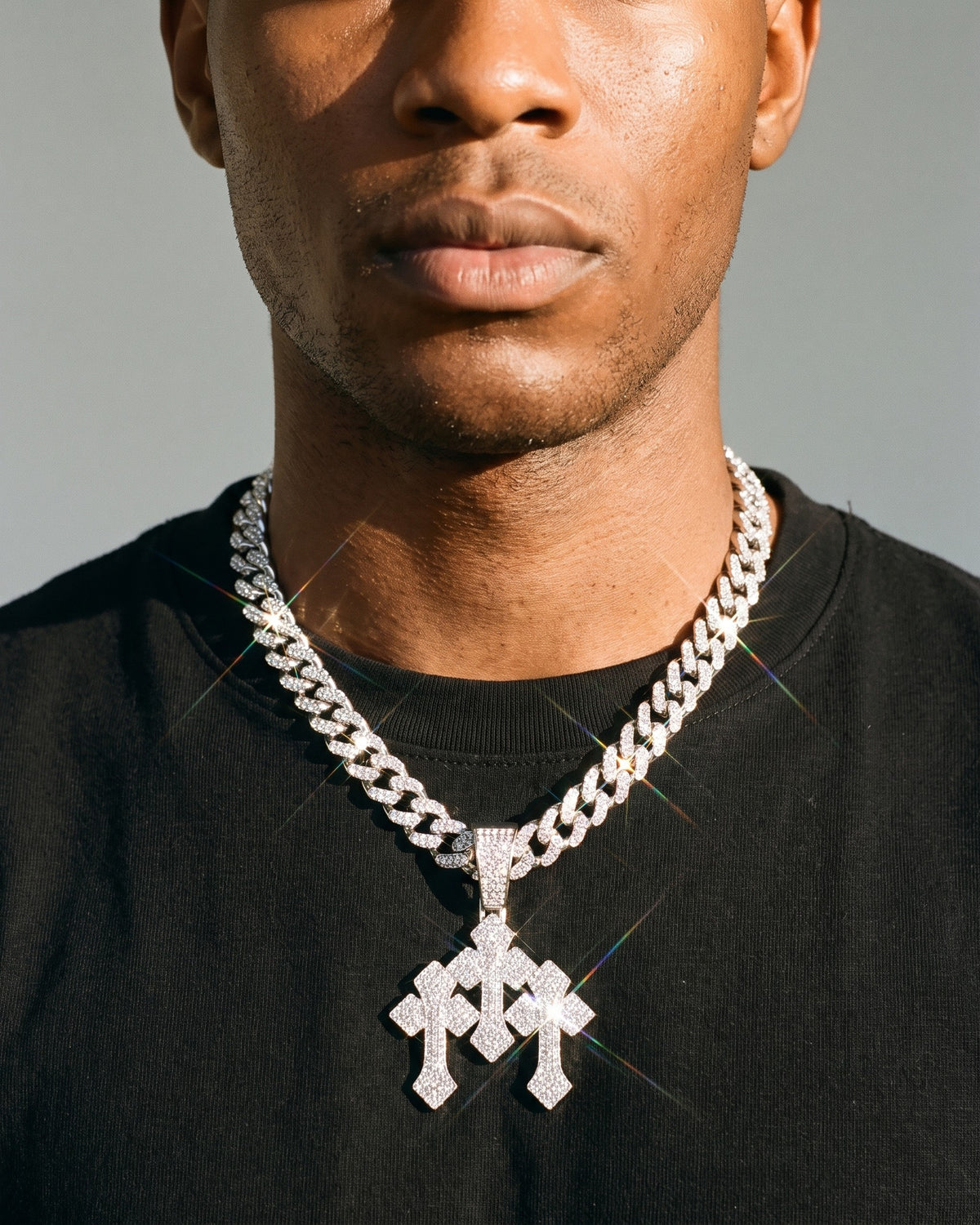 Stacked Cross Cuban Chain White worn