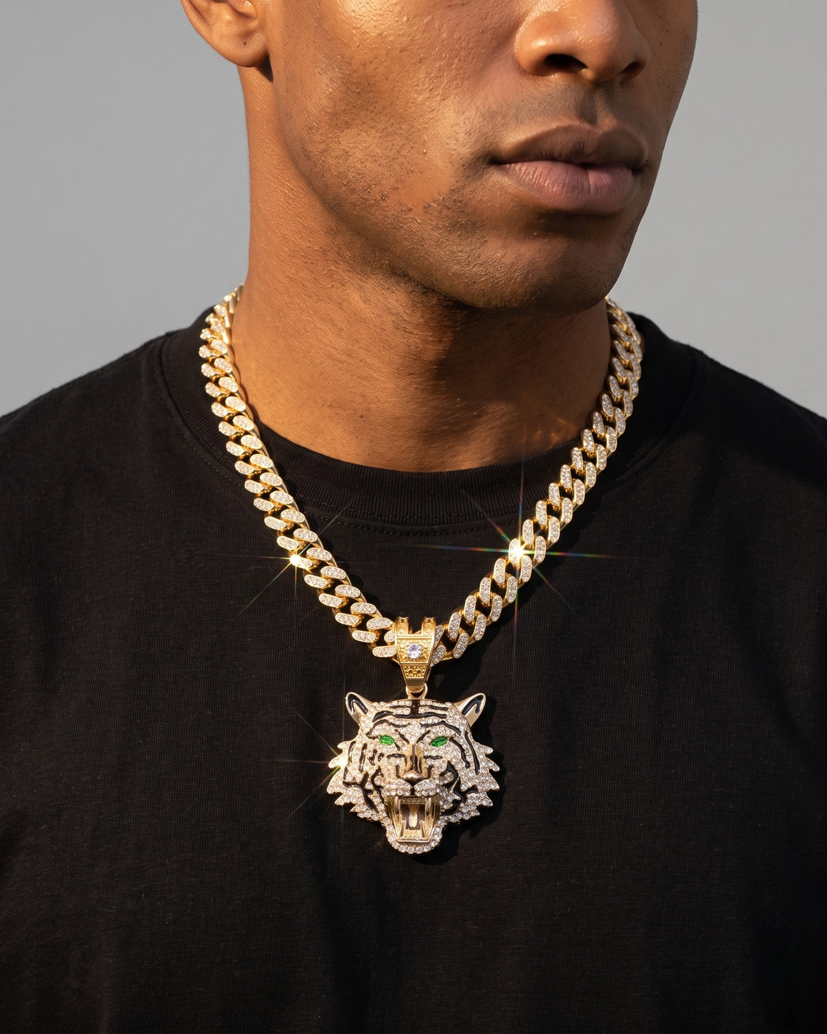 Tiger Pendant Cuban Chain Gold worn