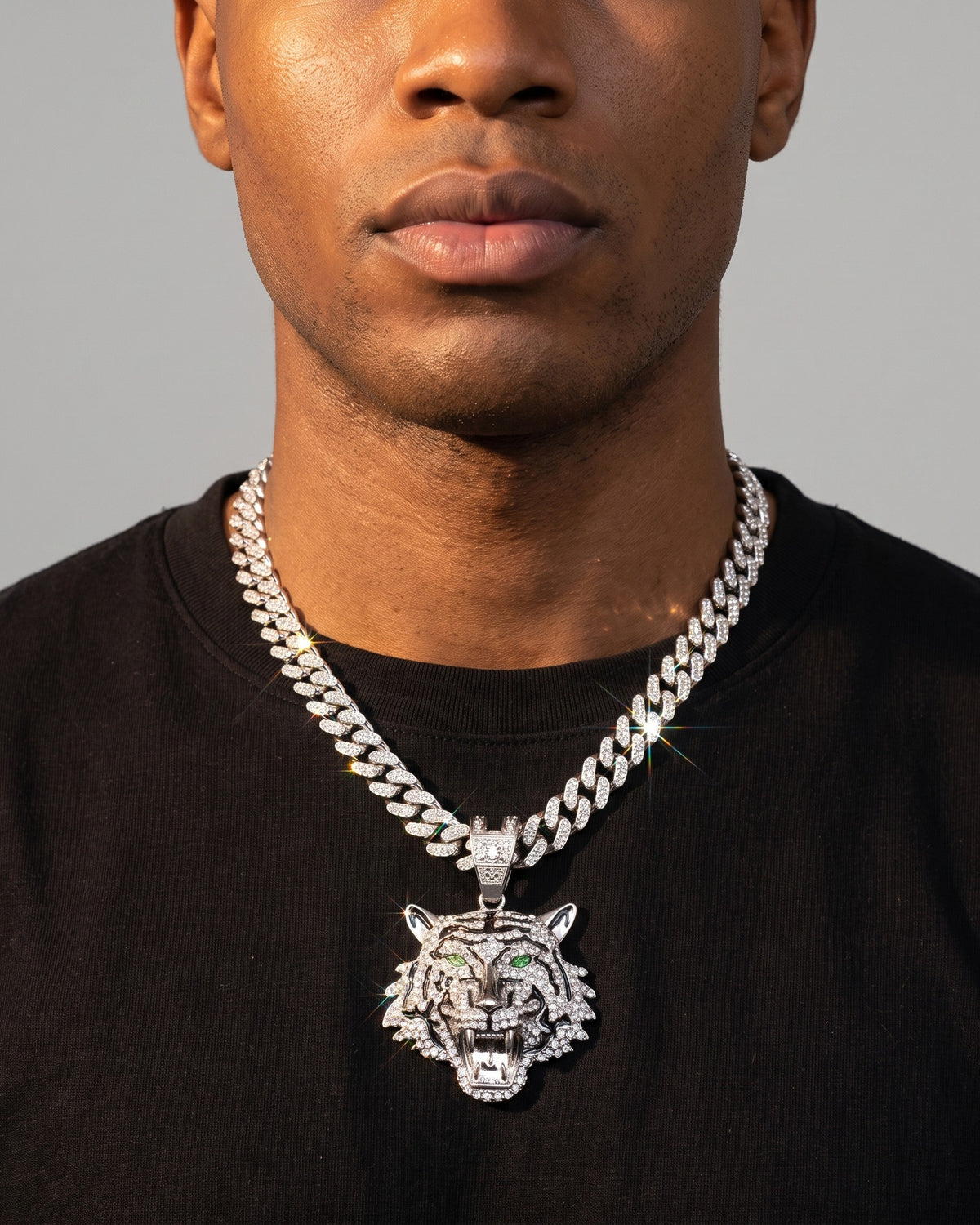 Tiger Pendant Cuban Chain White worn