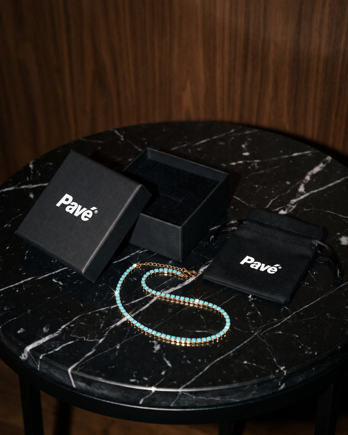 Turquoise Tennis Chain 3mm Gold packaging